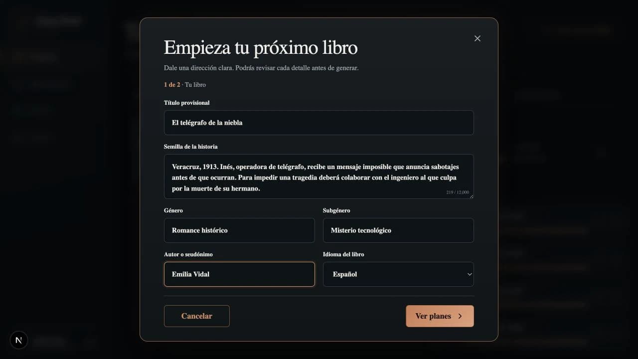 Formulario de creación de un libro en Owen Book Studio