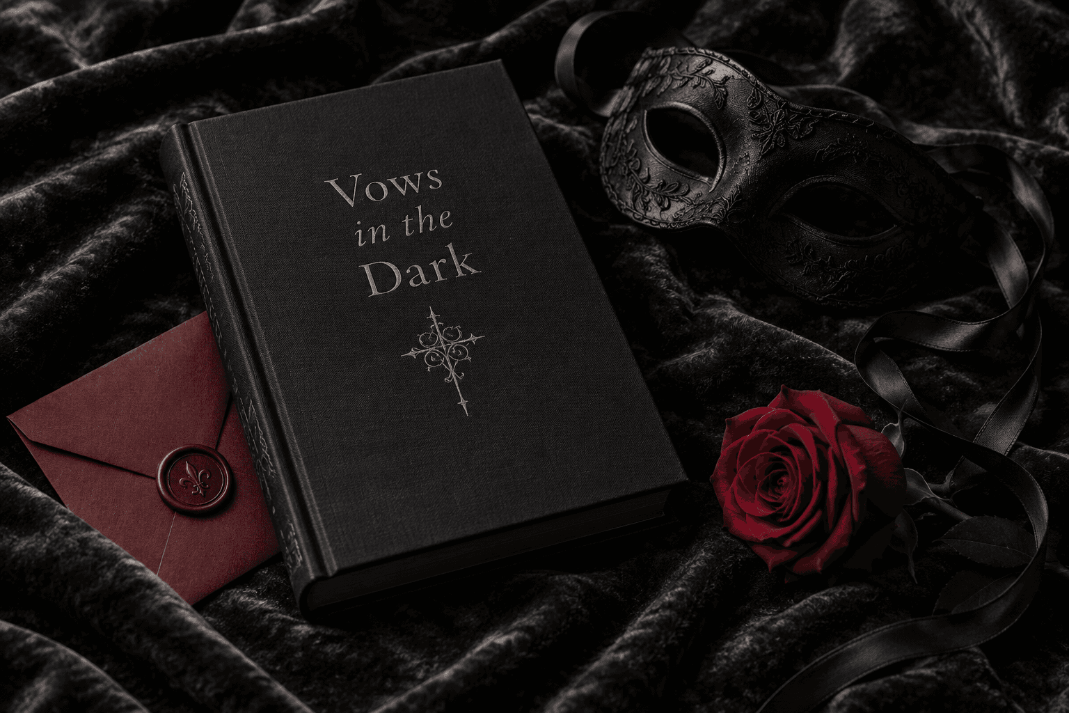 Vows in the Dark, a black clothbound novel beside a satin eye mask, a crimson rose, and a sealed letter