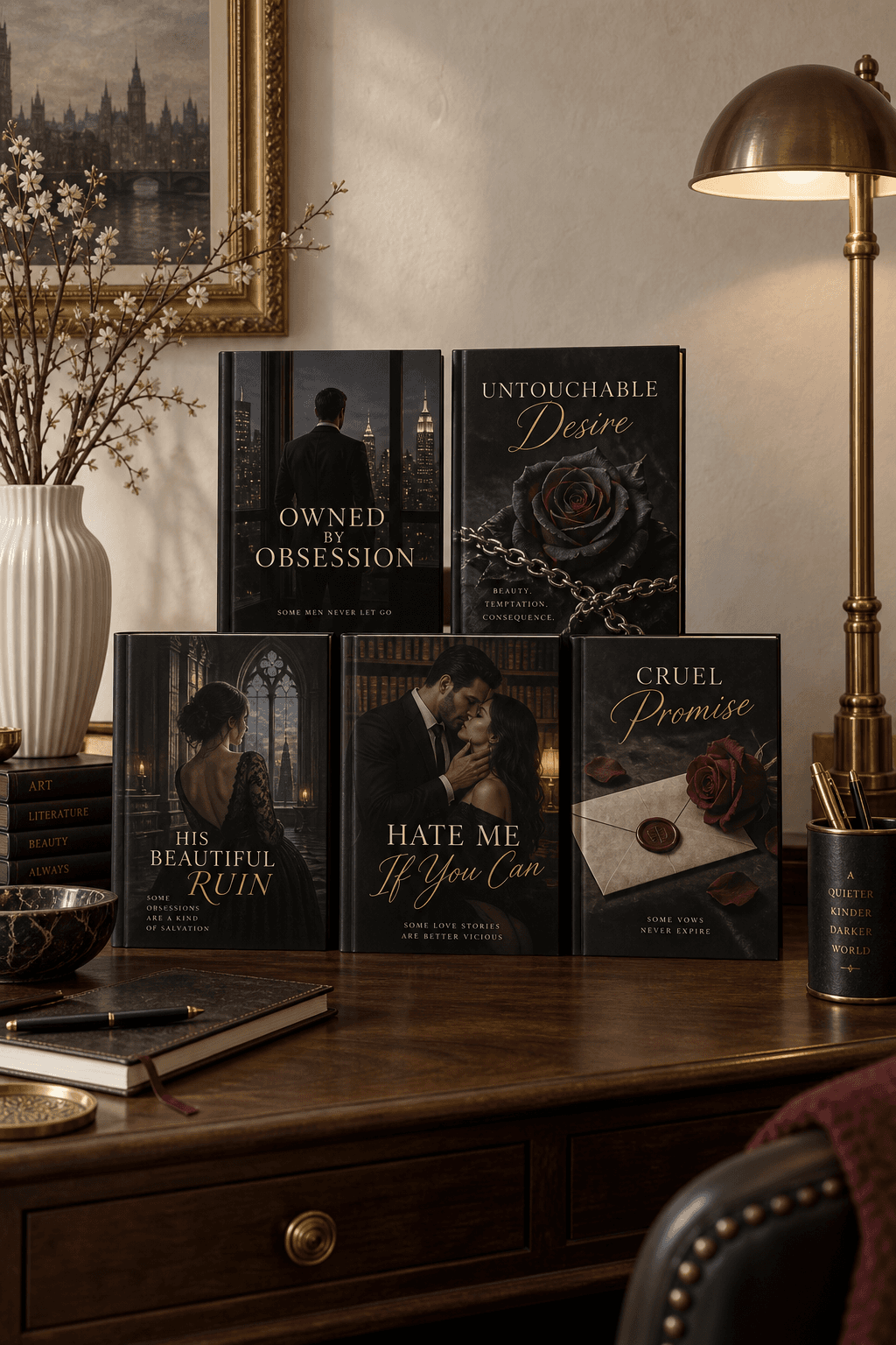 Dark romance book covers on a warm Owen Book Studio writing desk