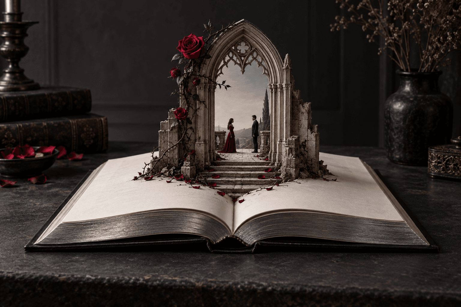 An open novel becomes a gothic doorway, with two lovers facing each other beyond its pages
