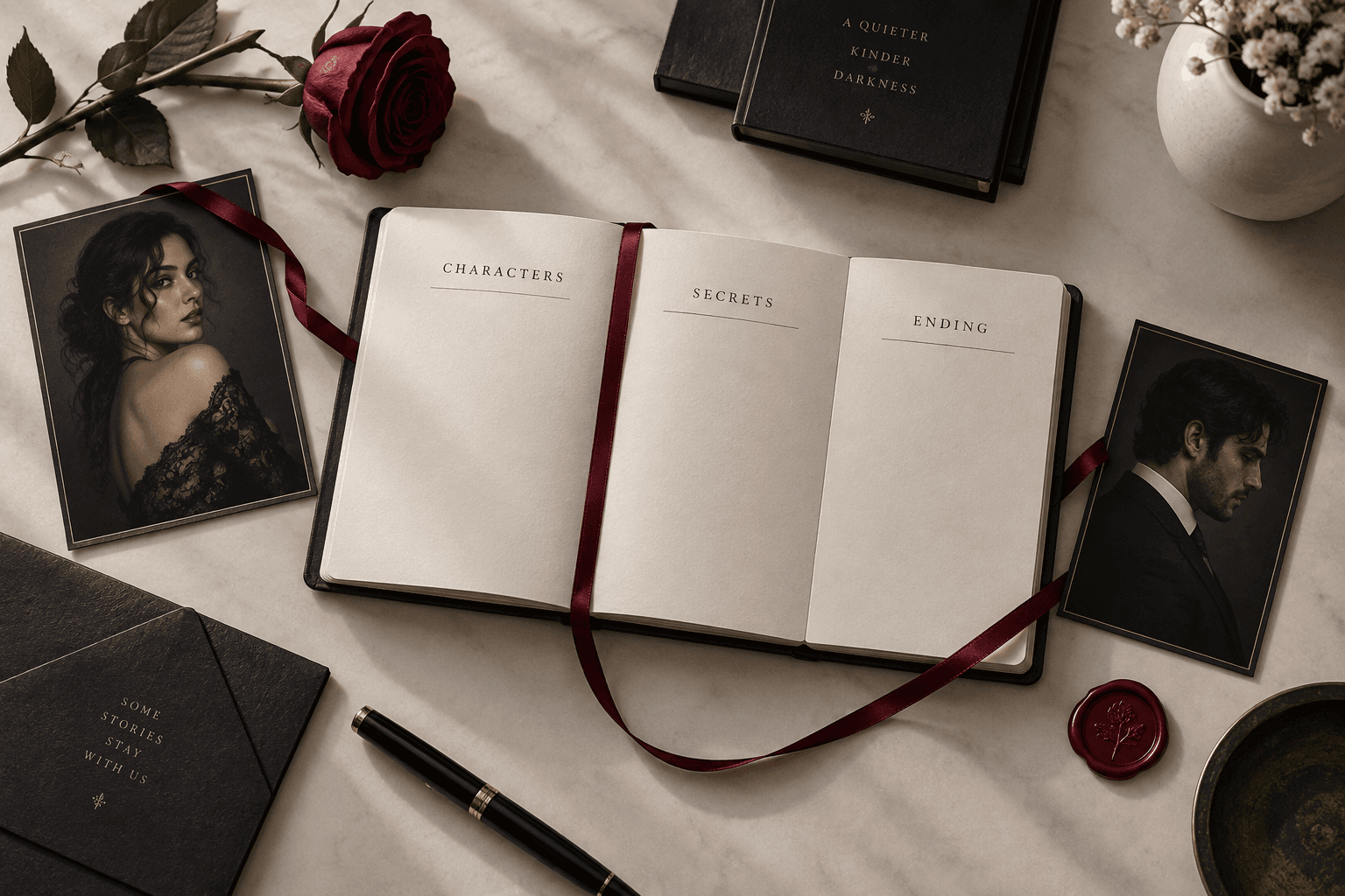 A story notebook connects two character portraits with their secrets and ending