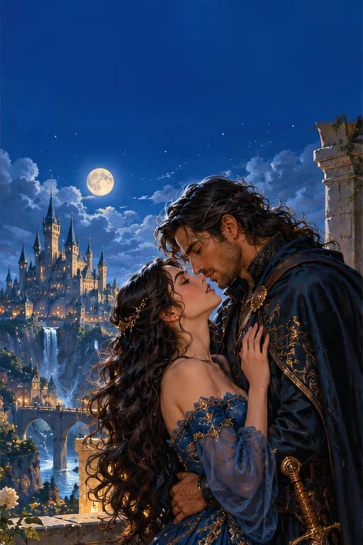 A romantasy couple on a moonlit castle balcony — illustrative cover concept