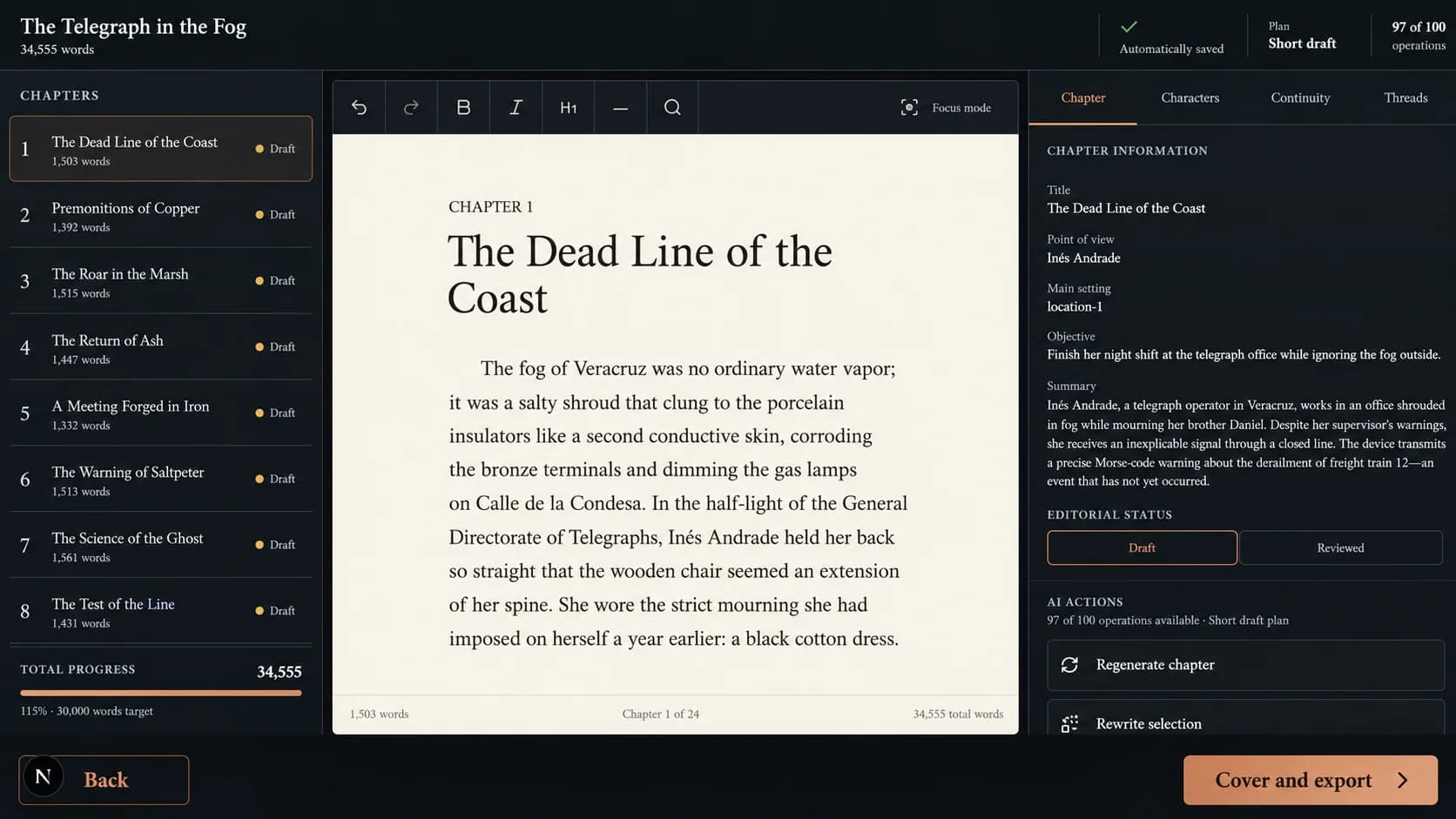 English manuscript editor with chapter navigation, a draft page and story context