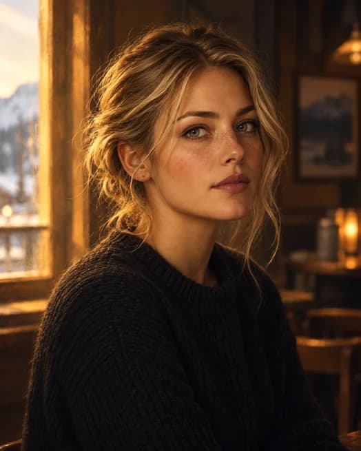 Illustrative portrait of a young blonde journalist in an Alaskan café