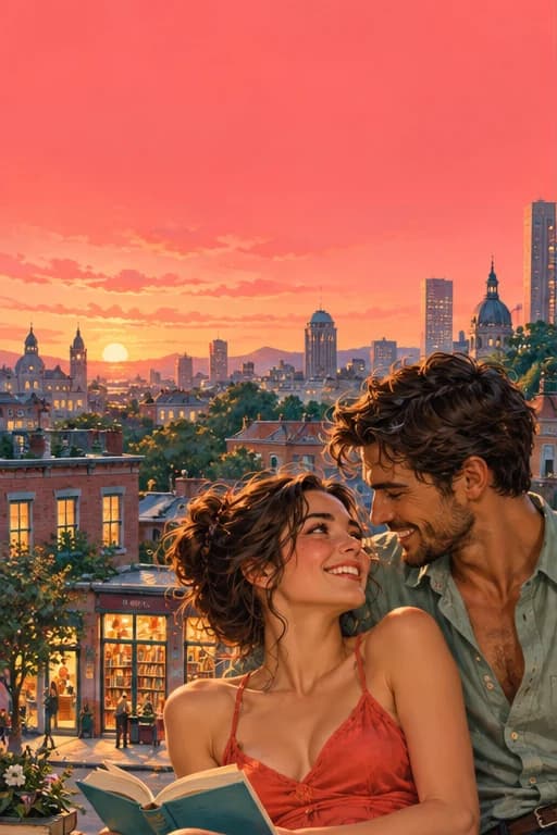 A couple reading together above a coral-colored city — illustrative cover concept