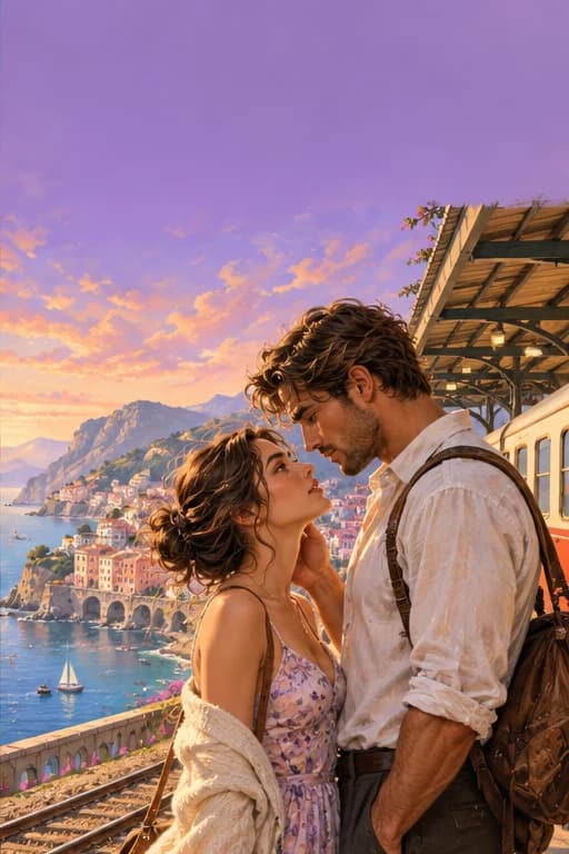 A couple reunited at a lavender coastal train station — illustrative cover concept